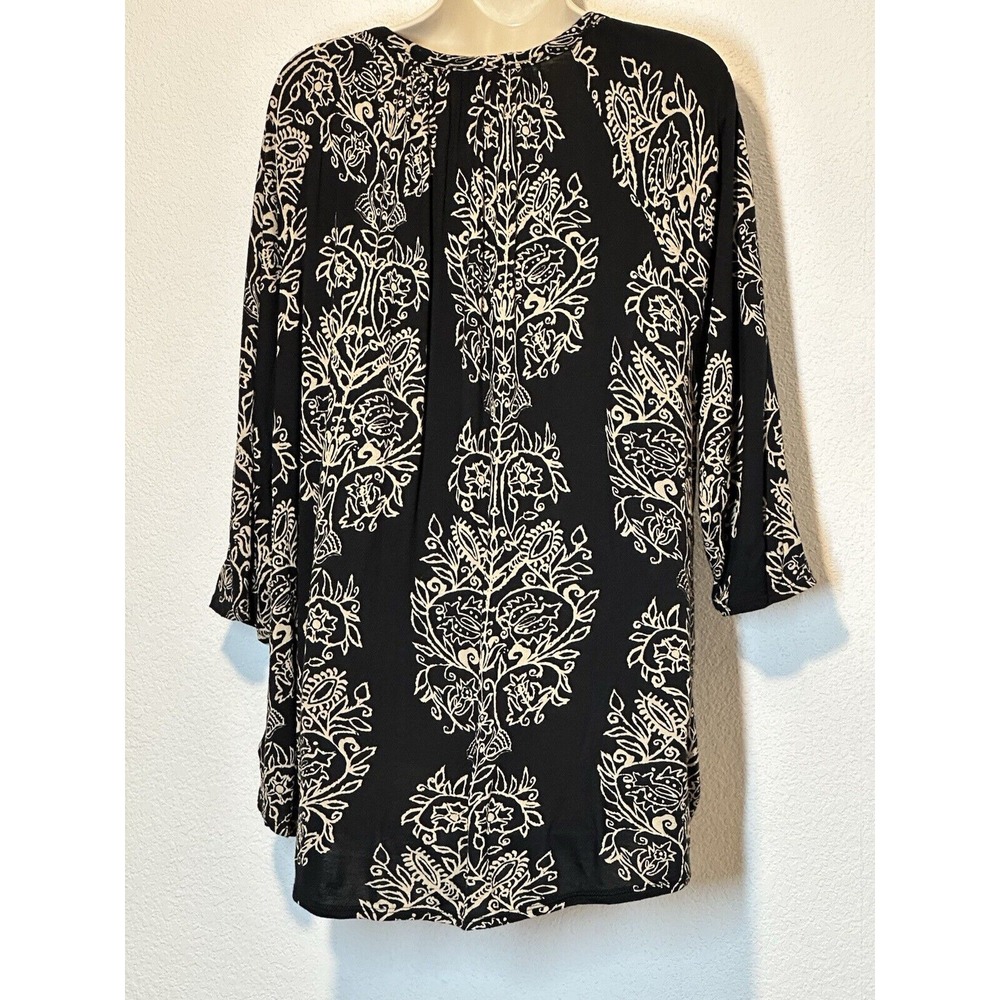 Lucky Brand Womens Black Tan Floral Peasant Blouse Sz 2X Round Neck Keyhole - Picture 4 of 9